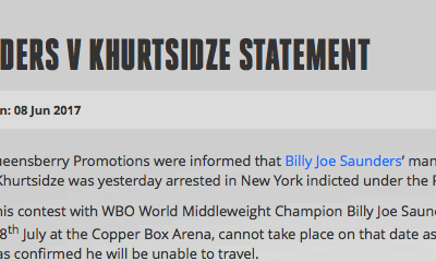 Khurtsidze Arrested, July 8 Middleweight Title Shot Vs Saunders Is Cancelled