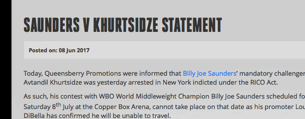 Khurtsidze Arrested, July 8 Middleweight Title Shot Vs Saunders Is Cancelled