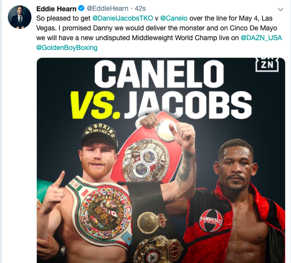 Eddie Hearn from England likes the middleweights who can scrap on DAZN; Canelo, Demetrius Andrade, and now Danny Jacobs is in the house. 
