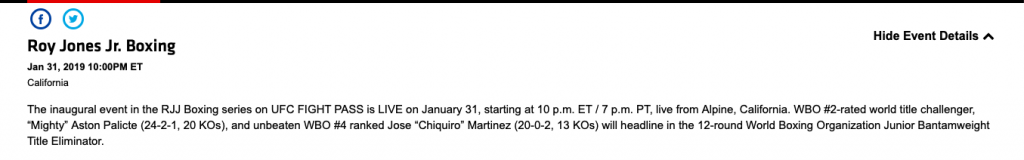 Roy Jones Jr Boxing ran a card at Viejas Casino, and UFC Fight Pass.