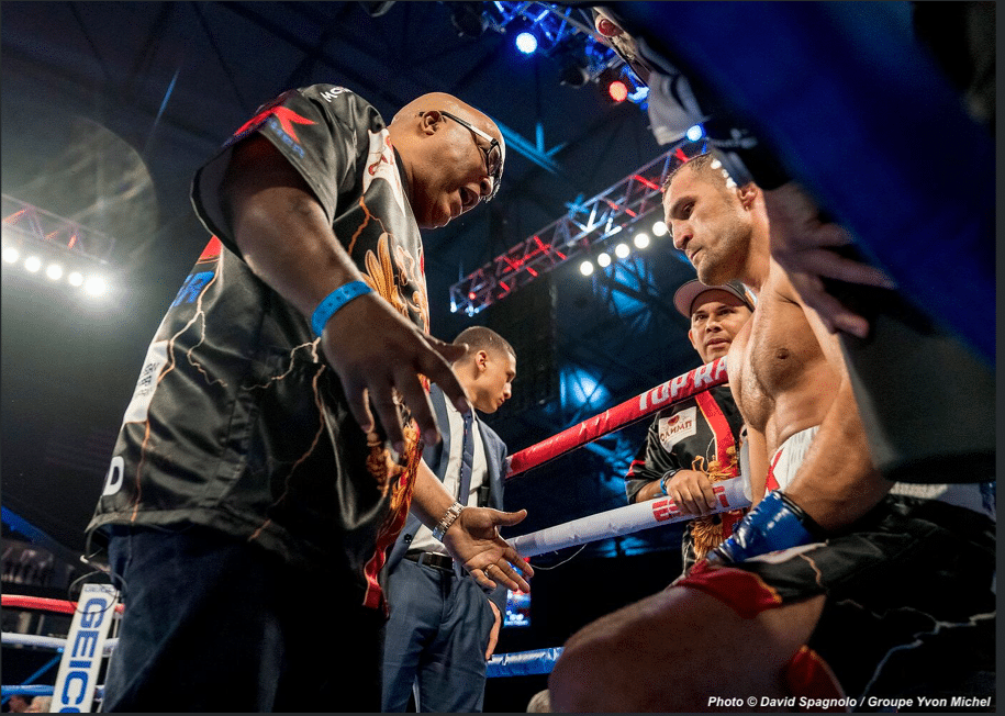 Trainer Buddy McGirt gives instructions to Sergey Kovalev. David Spagnolo picture.