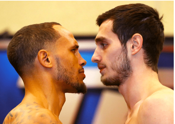 Brant (left) and Baysangurov stare into each others' souls, ahead of their Feb. 15, 2019 fight. 