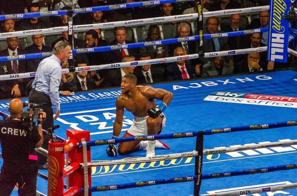 Joshua looking at ref after a knockdown
