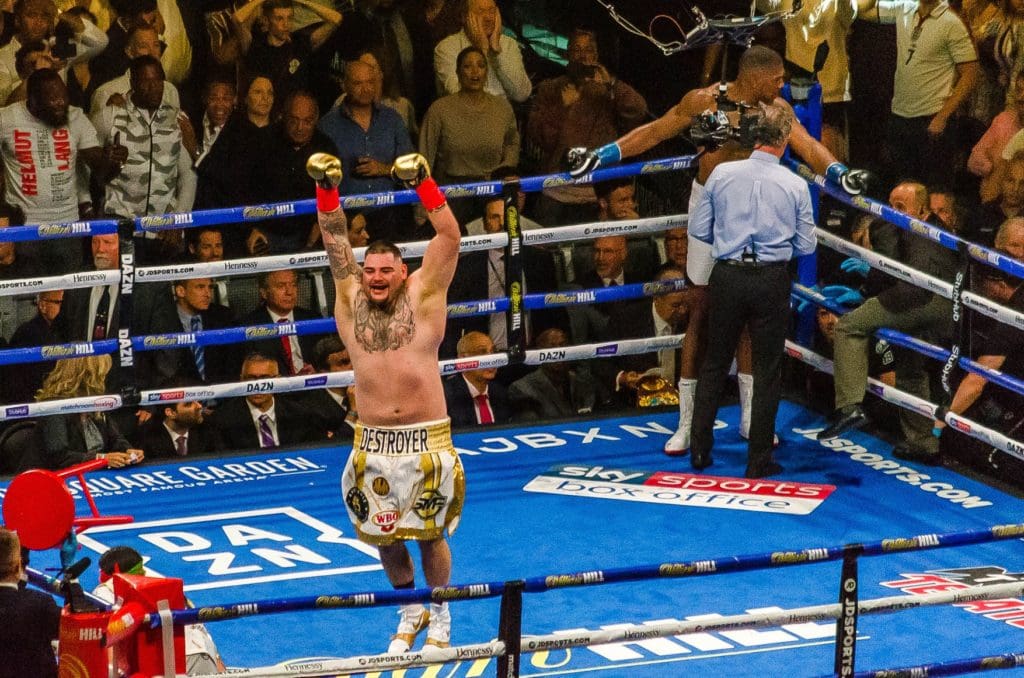 Ruiz raises hands in victory against AJ. 