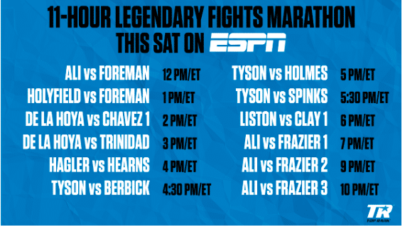 ESPN Showing Classic Fights For 11 Hours on Saturday (Ali-Frazier I, Rumble in the Jungle, Hagler-Hearns, More)