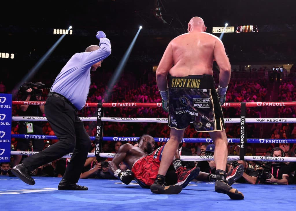 Tyson Fury scores his first knockdown against Deontay Wilder in their second fight at T-Mobile Arena on October 9, 2021 in Las Vegas, Nevada.  Photo: Frank Micelotta, Fox Sports Fury Retired