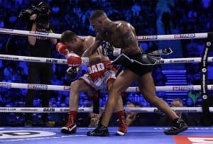 For Conor Benn, it was a hard right hook that sealed the knockout win. Photo: Mark Robinson, Matchroom Boxing