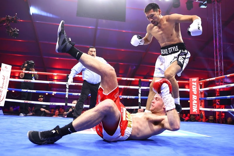 The fight's first knockdown took place just two minutes into the first round. Photo: Mikey Williams/Top Rank Inc via Getty Images Janibek Alimkhanuly destroys