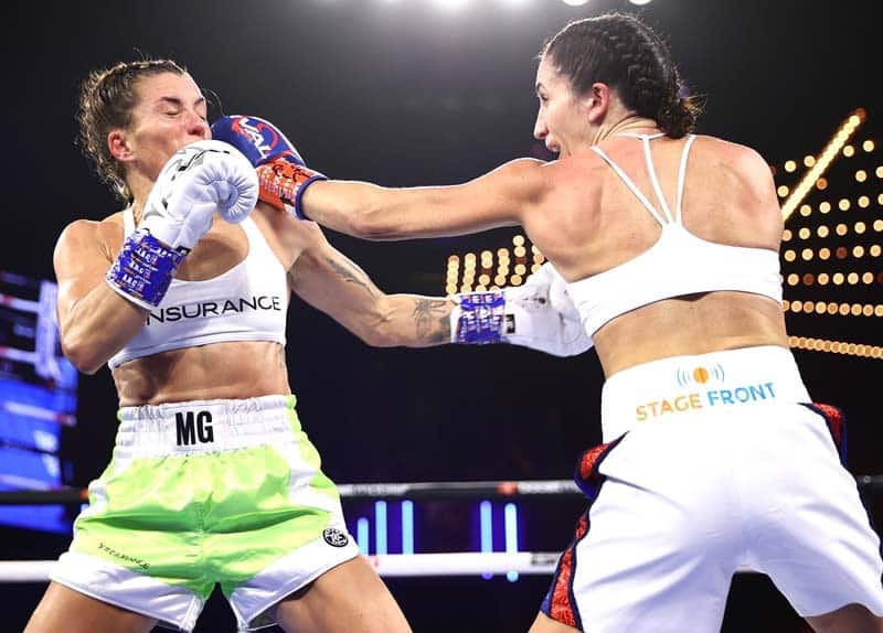 Christina Cruz (R) won her rematch with Maryguenn Vellinga in the opening bout at The Hulu Theater. Photo: Mikey Williams/Top Rank Inc via Getty Images Edgar Berlanga