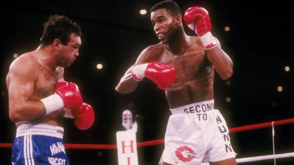 Michael Nunn in the first defense of his IBF middleweight title, knockinig out Juan "The Hammer" Roldan. Photo: Holly Stein, Allsport Hall of Fame Class of 2025