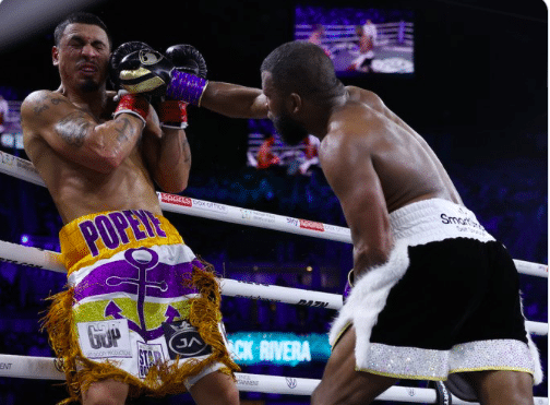 Badou Jack lands on Richard Rivera on August 20, 2022 in Jeddah, Saudi Arabia. 