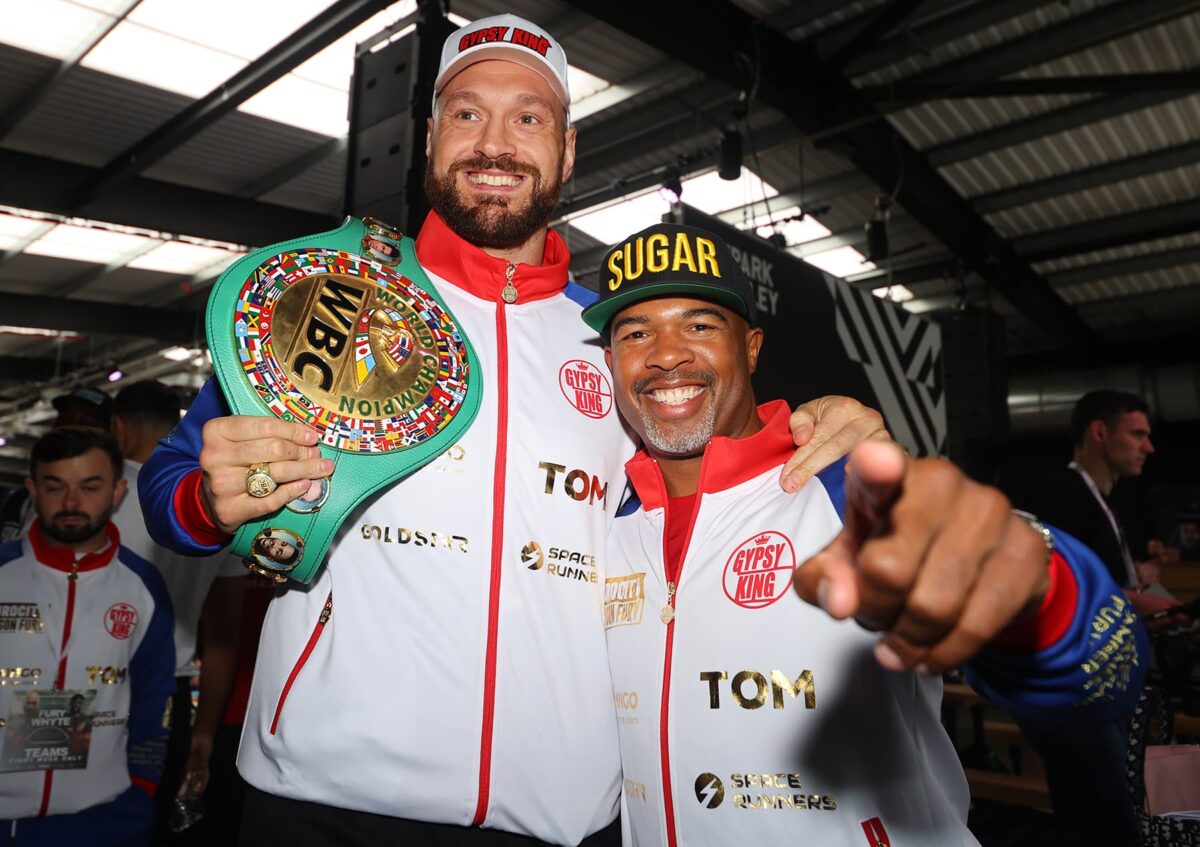 Tyson Fury and SugarHill Steward in better days before Fury's fight with Dillan Whyte at his media workout at Wembley Park on April 19, 2022 in London. Photo: Mikey Williams/Top Rank Inc via Getty Images