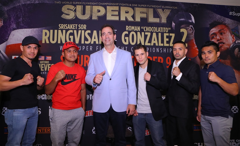 Tom Loeffler has worked with top talent, including promotion of the "Superfly" series. (L to R) Juan Francisco Estrada, Roman Gonzalez, Tom Loeffler, Carlos Cuadras, Antonio Nieves, Brian Viloria. Photo: Tom Hogan, Hoga Photos Hollywood Fight Night series