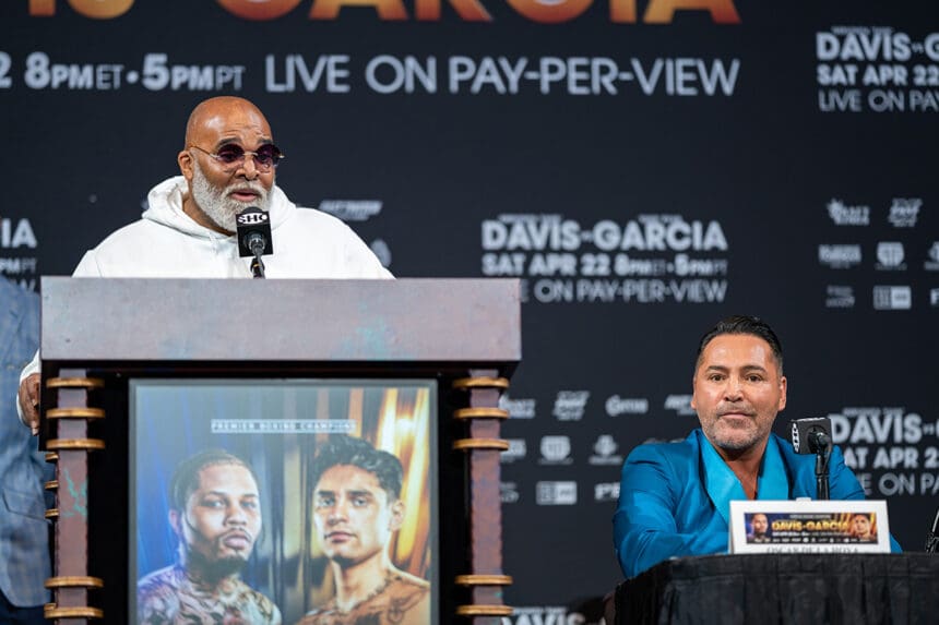 Leonard Ellerbe and Oscar De La Hoya didn't mince words with each other during the promotion for the Gervonta Davis vs Ryan Garcia fight. Repeat or revenge on Sept 12? Photo: Ryan Hafey, Premier Boxing Champions