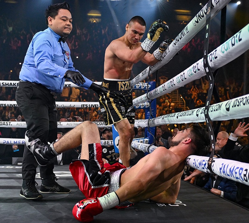 Tim Tszyu bit down and made it a ruff night for Carlos Ocampo, although it only lasted 67 seconds. Photo: Courtesy Palmerbet