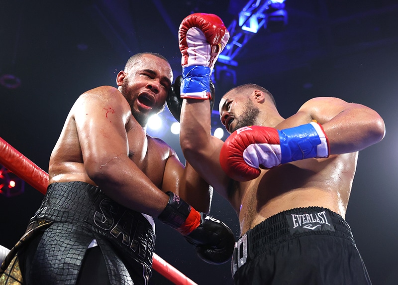 Australian Hemi Ahio (R) joined his countryman George Kambosos Jr. in geting a win by sixth round TKO over Amron Sands at FireLake Arena on July 22, 2023 in Shawnee, Oklahoma. Photo: Mikey Williams/Top Rank Inc via Getty Images