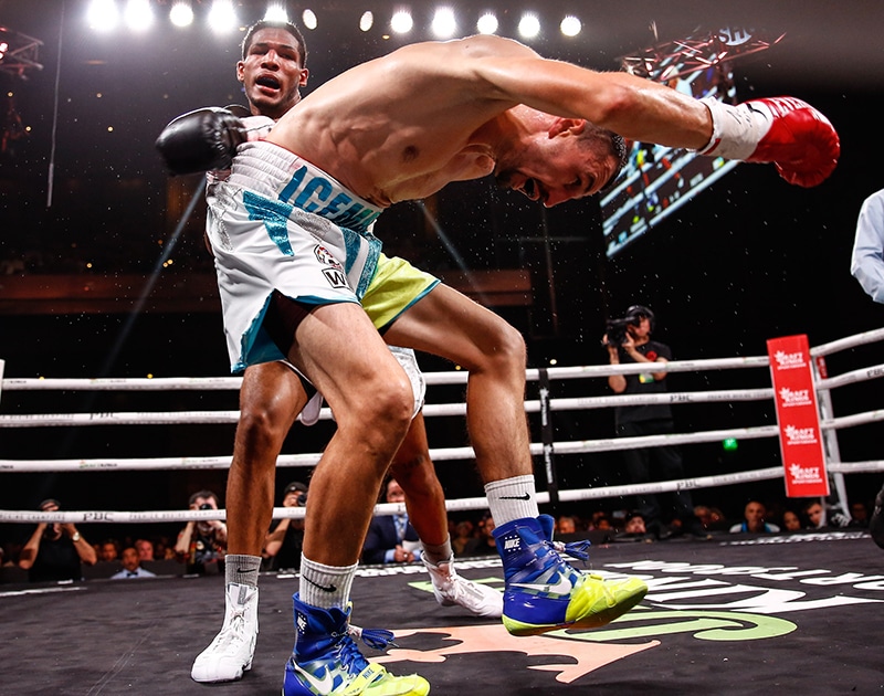 Elvis Rodguez dropped veteran Viktor Postol in the sixth round, and won via TKO in round seven. Photo: Stephanie Trapp, Showtime Boxing