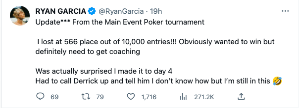 Ryan Garcia Tweet about the World Series of Poker