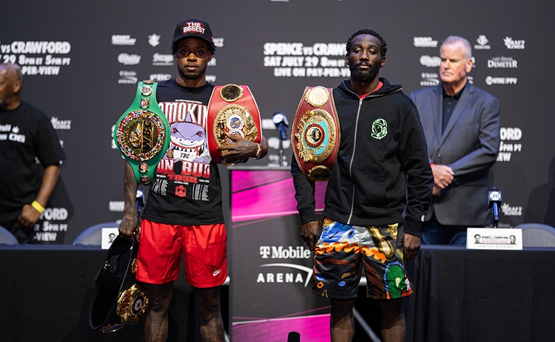 Whoever wins on Saturday will become the unified, undisputed welterweight division champion. Photo: Ryan Hafey, Premier Boxing Champions Mike Tyson coin toss