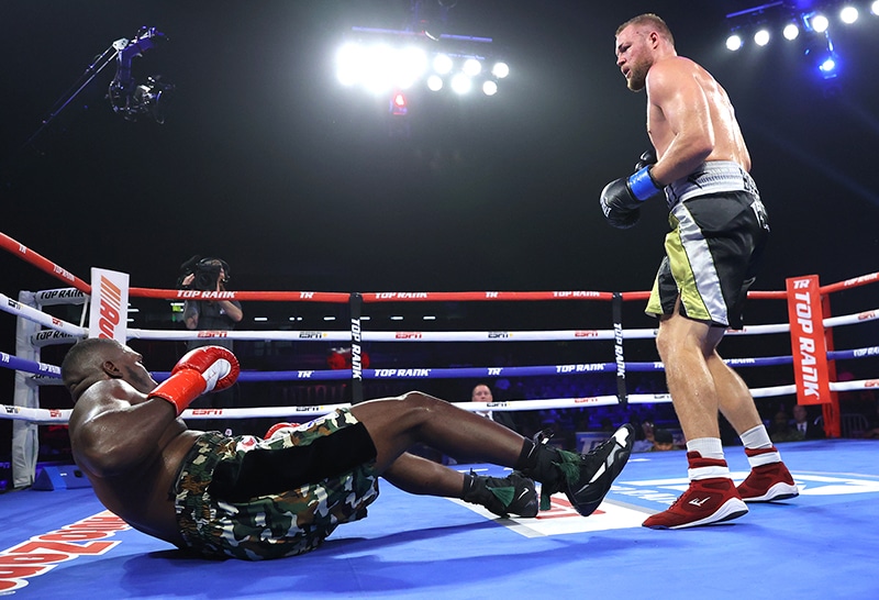 Joe Goodall knocked down Stephan Shaw on the way to an upset sixth round TKO victory. Photo: Mikey Williams/Top Rank Inc via Getty Images