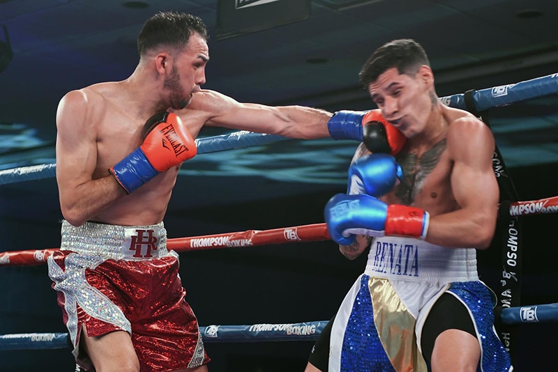 Super featherweight Rigoberto Hermosillo is featured in the first Camponovo Sports main event on September 9. In this photo, Hermosillo drills opponent Blas Ezequiel Caro on Friday, April 21, 2023, in Ontario, California. Hermosillo pulled off a unanimous decision victory improving to 13-4-1. Photo: Thompson Boxing