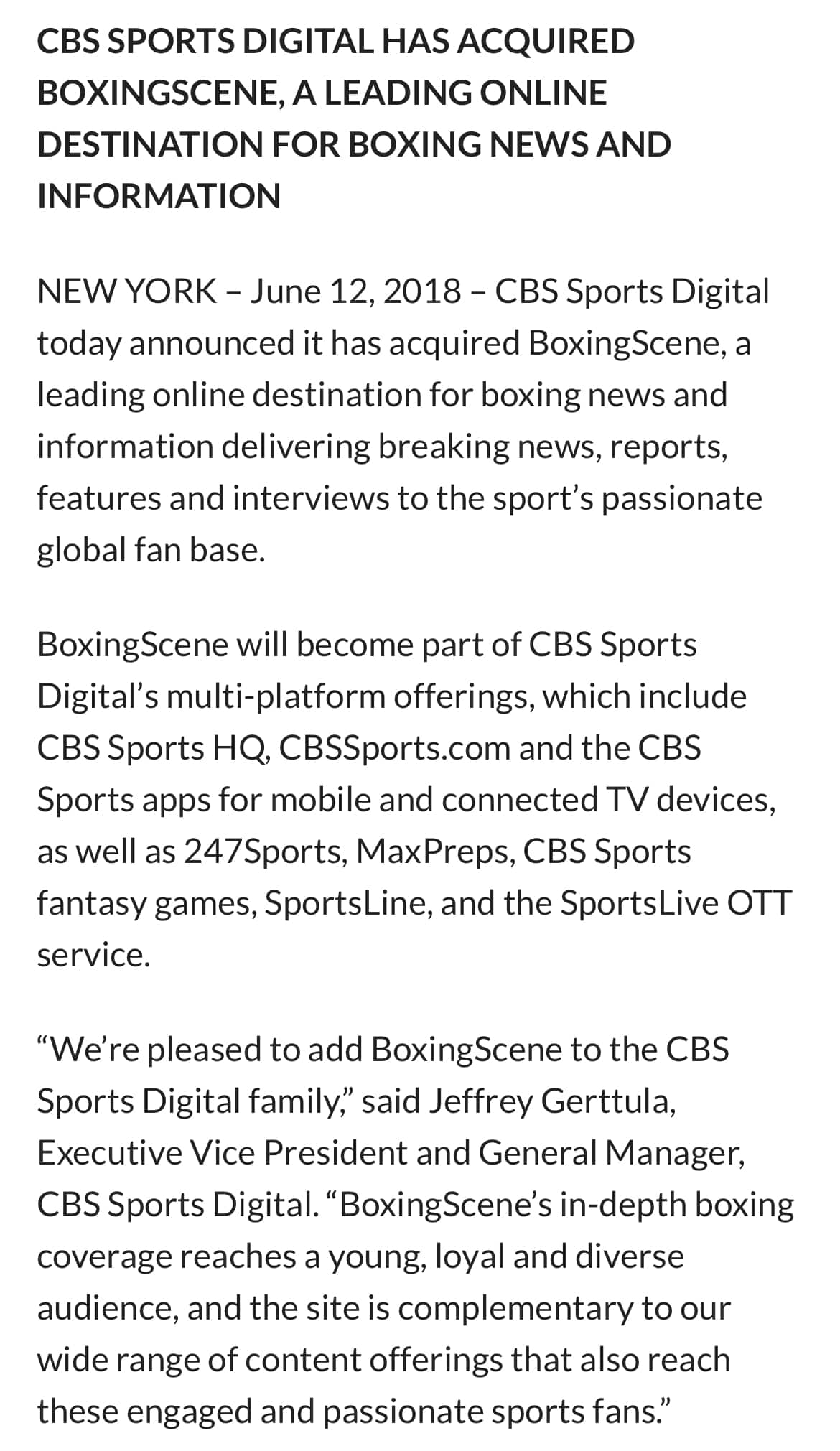 Boxing Scene was sold to CBS in 2018