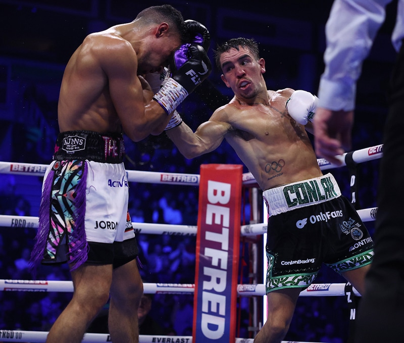 Jordan Gill saluted Michael Conlan for fighting on with heart Saturday. Photo: Mark Robinson, Matchroom Boxing