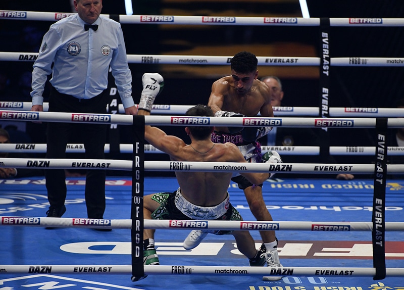 Jordan Gill drilled Michael Conlan in the second round, leading eventually to a seventh round TKO win. Photo: Matthew Pover, Matchroom Boxing Conlan vs Gill