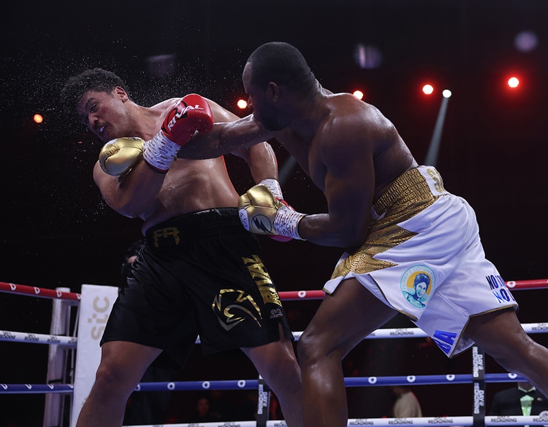 Frank Sanchez scored three knockdowns in rounds six and seven against Junior Fa before the referee stopped the bout. Photo: Mark Robinson, Matchroom Boxing Day of Reckoning undercard