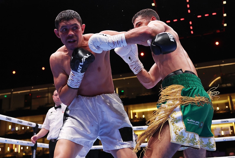 Ziyad Al Maayouf wins the opening bout against Christian Lopez Flores.Photo: Mark Robinson, Matchroom Boxing. Madrimov wins