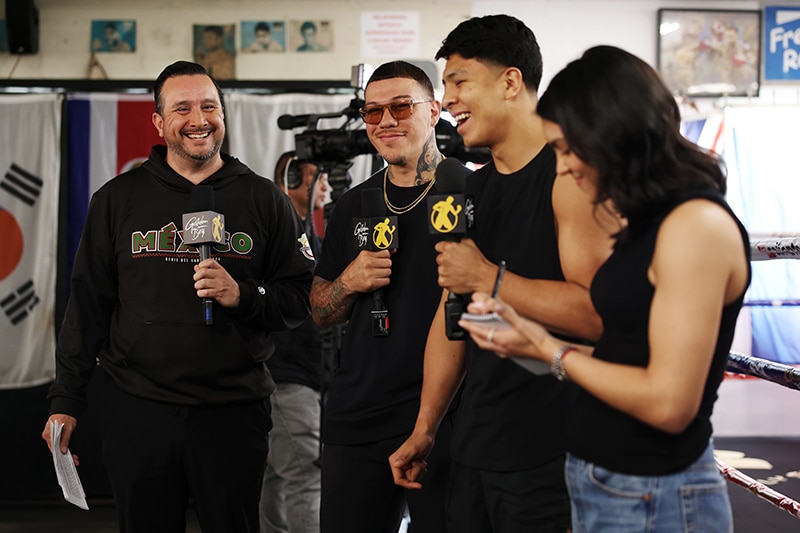 (L to R) Beto Duran, Gabe Rosado, Jaime Munguia, and Jane Murcia of Golden Boy during Tuesday's media workout livestream broadcast. Photo: Cris Esqueda, Golden Boy