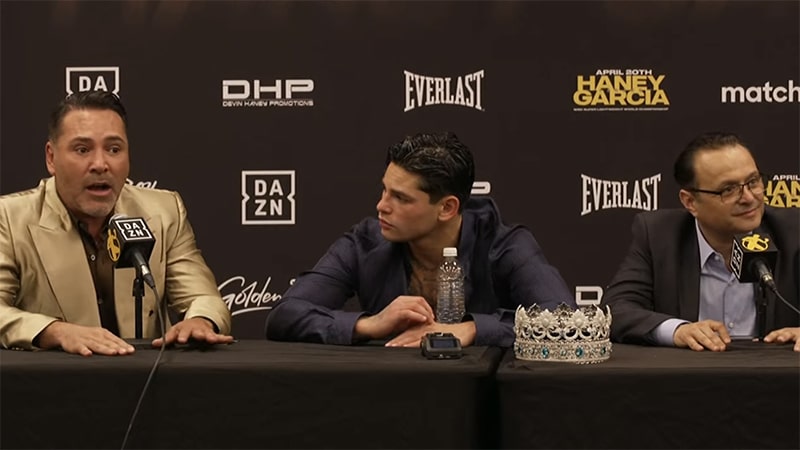 At the post fight press conference, promoter Oscar De La Hoya said Ryan Garcia is now calling the shots. Photo: Golden Boy/YouTube