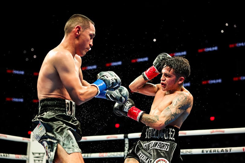 Juan Francisco Estrada caught Jesse Rodriguez with a right hand and scored a flash knockdown. Photo: Amanda Westcott, Matchroom