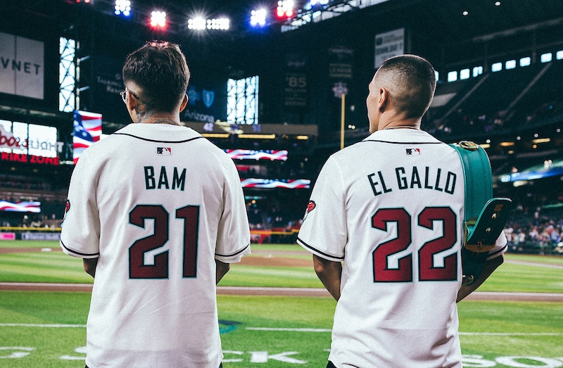 Jesse Rodriguez and Juan Francisco Estrada look on before throwing the ceremonial first pitch ahead of the Minnesota Twins versus Arizona Diamondbacks game at Chase Field this week. Photo: Amanda Westcott, Matchroom. Estrada vs Rodriguez