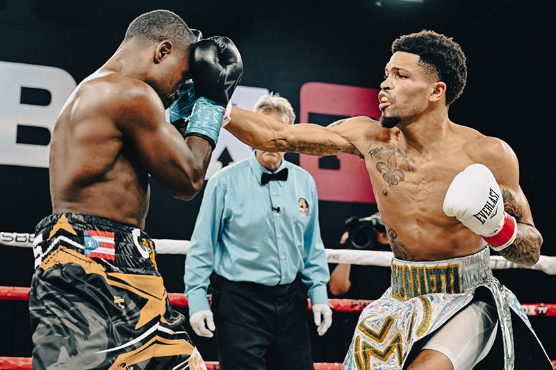 Michael Angeletti (right) put on a fun fight against Geraldo Valdez. Photo: ProBox