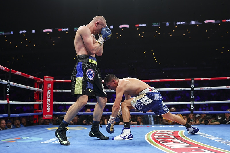 Serhii Bohachuk scores his second knockdown in the eighth round. Photo: Cris Esqueda, Golden Boy Boxing Vergil Ortiz Jr. Fight of the Year