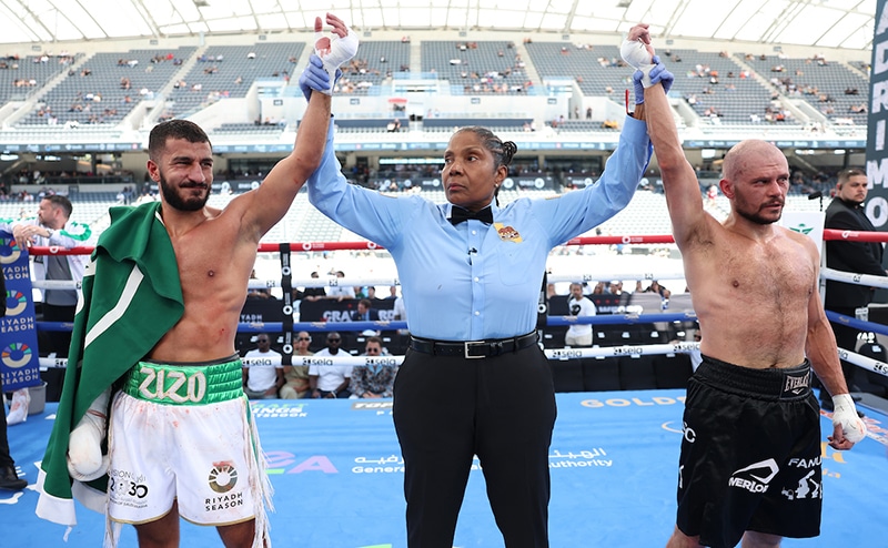 Ziyad Almaayouf hoped to make a big impression in his U.S. debate, but could only manage a draw against Michal Bulik. Photo: Mark Robinson, Matchroom Boxing