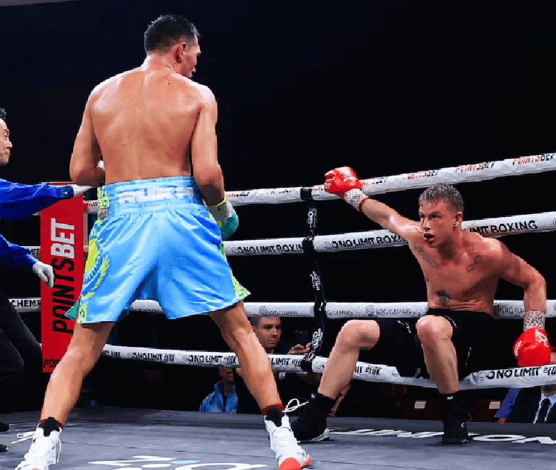 Janibek Alimkhanuly knocked Andrei Mikhailovich into the ropes for the third and final knockdown in their fight Friday in Sydney, Australia. Photo: No Limit Boxing