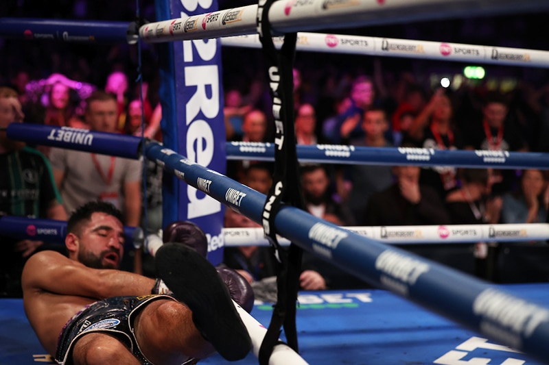 Nick Ball sent Ronny Rios throught he ropes in the tenth round. Photo: Leigh Dawney, Queensberry 