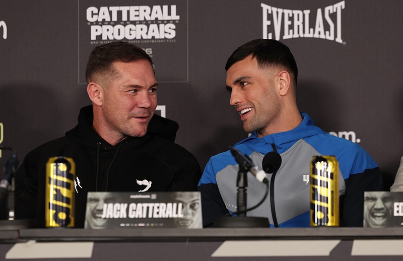 Jack Catterall and trainer Jamie Moore at the final pre-fight news conference in Manchester on Thursday. Photo: Mark Robinson, Matchroom Boxing