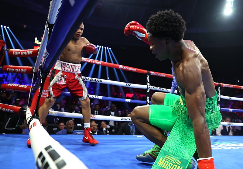 Abdullah Mason suffered his first two knockdowns as a pro. The second was a flash knockdown when a glove touched the canvas. Photo: Mikey Williams, Top Rank Boxing