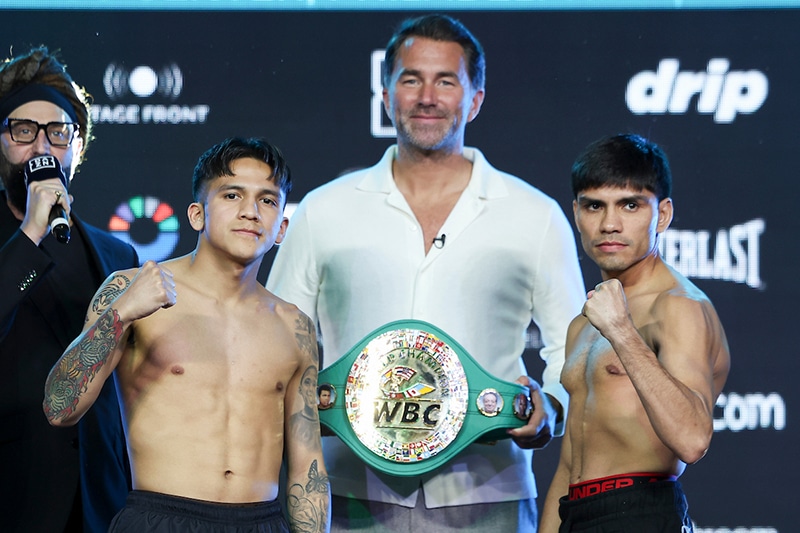 Jesse ‘Bam’ Rodriguez and Pedro Guevara weigh in Friday ahead of their WBC and Ring Magazine World Super-Flyweight title fight. Photo: Mark Robinson, Matchroom Boxing Boots Ennis