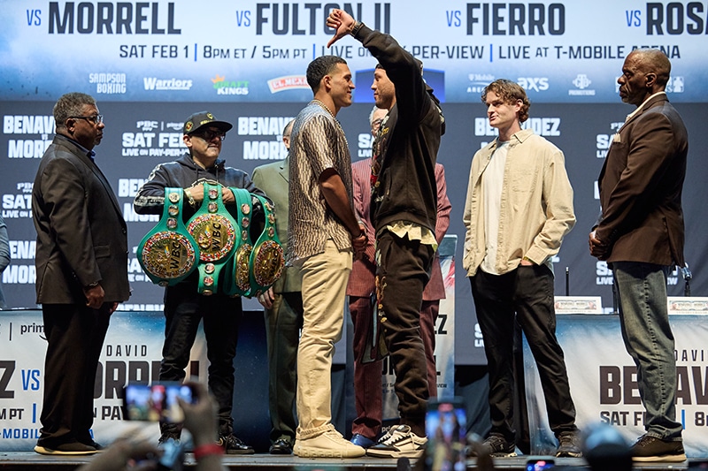 David Benavidez and David Morrell had a heated faceoff after exchanging trash talk Tuesday. Photo: Ryan Hafey, Premier Boxing Champions Benavidez vs Morrell