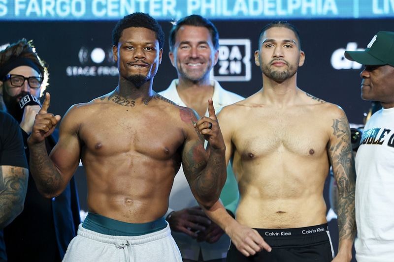 Austin Williams and Gian Garrido weigh In ahead of their middleweight fight Saturday. Photo: Mark Robinson, Matchroom Boxing