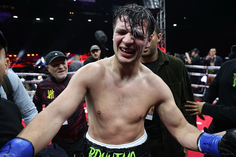 Bruno Serace celebrates his unexpected victory. Photo: Mikey Williams, Top Rank Boxing