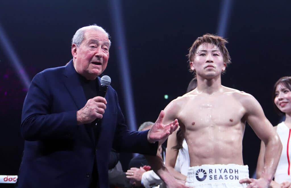 Top Rank chairman Bob Arum joined Naoya Inoue in the ring, promising his next fight would take place in Las Vegas int the spring. Photo: Naoki Fukuda