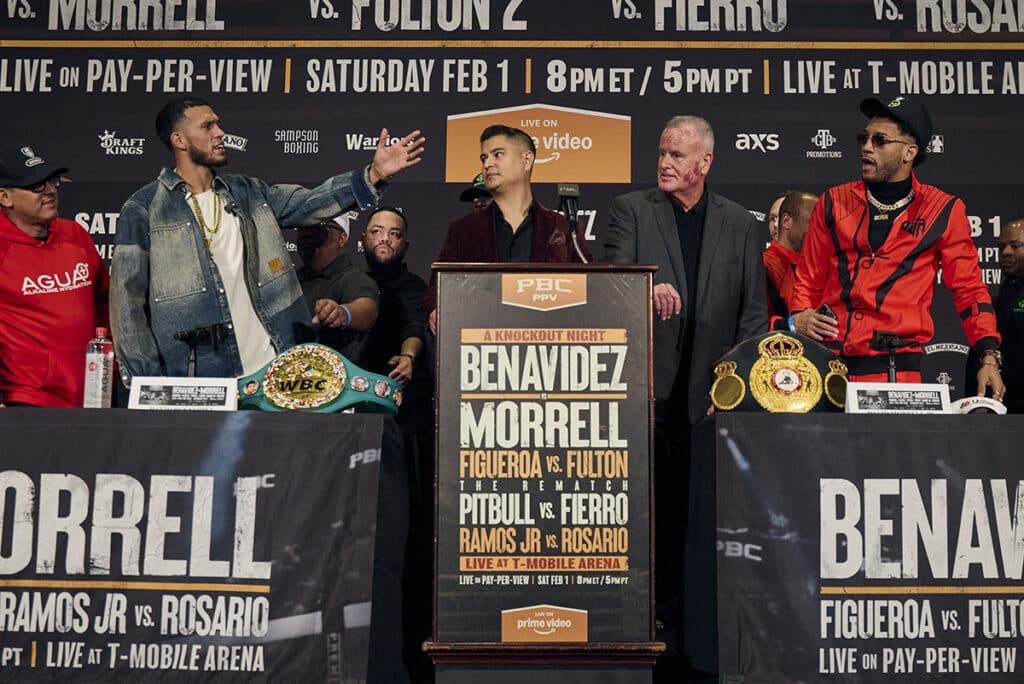 David Benavidez and David Morrell Jr. took over the final news conference to argue over their behavior at previous press events. Photo: Esther Lin, Premier Boxing Champions