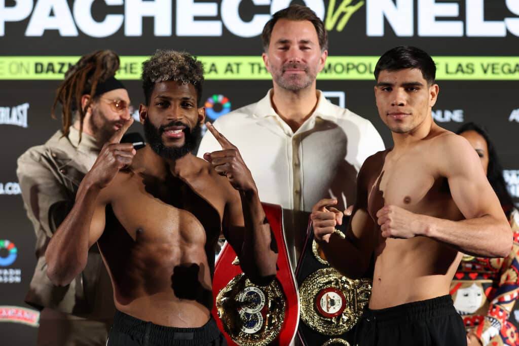 Andy Cruz and Omar Salcido during their weigh-in Friday. Photo: Melina Pizano, Matchroom