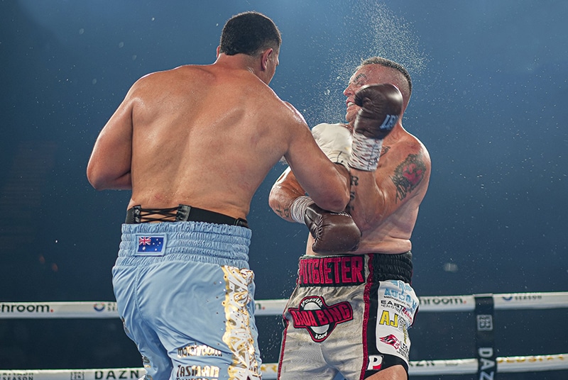 Justis Huni said after his knockout win he'd like to fight Britain's Moses Itauma in 2025. Photo: DAZN/Tasman Boxing