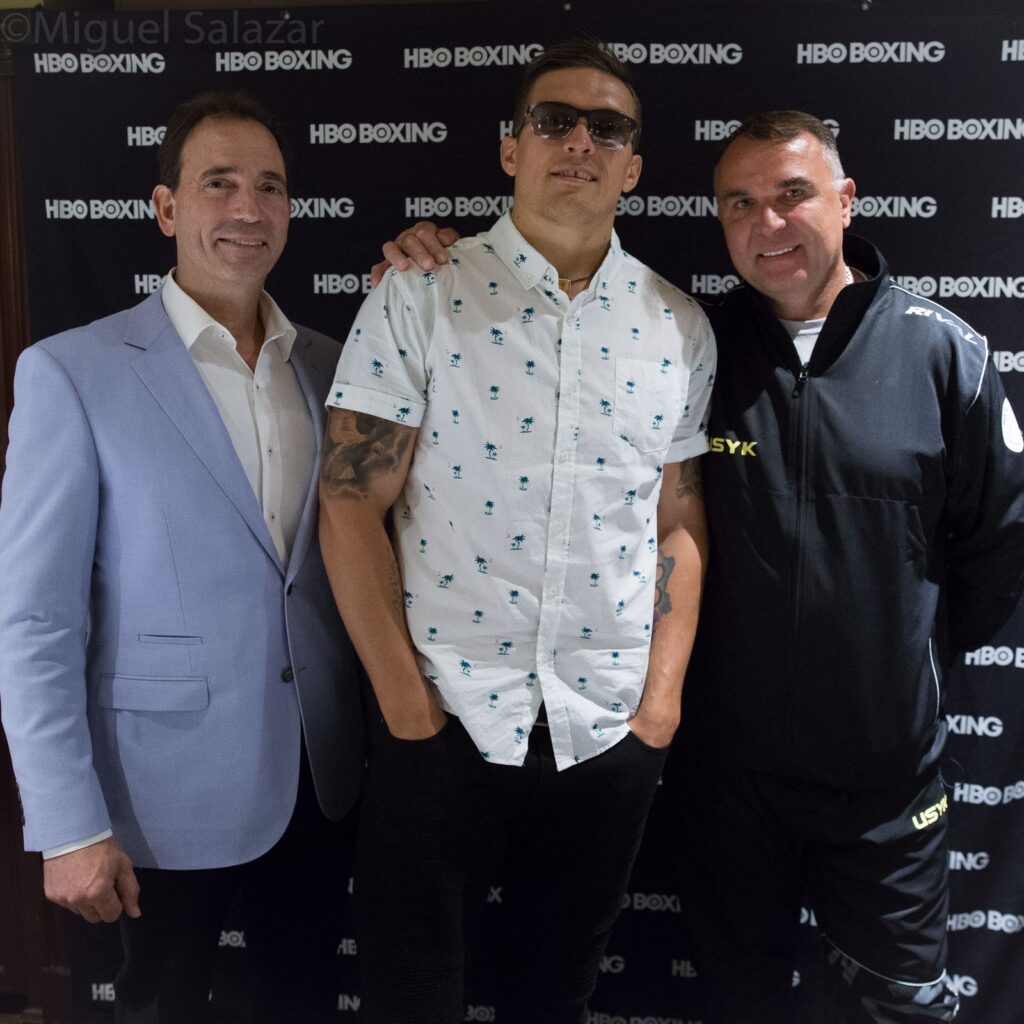 We first met Oleksandr Usyk in 2017 in Los Angeles with promoter Tom Loefller and manager Egis Klimas. Photo: Gayle Falkenthal